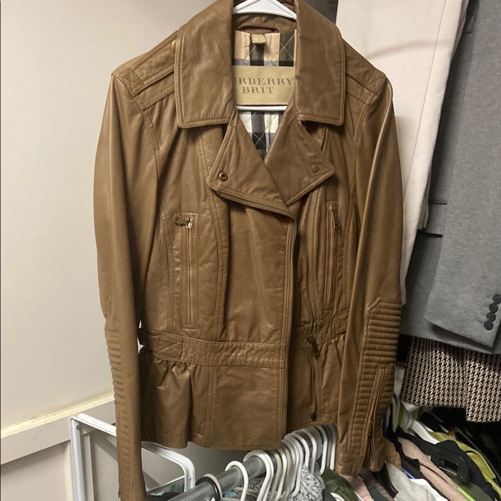 Burberry Brown Leather Jacket Classic Motorcycle Style